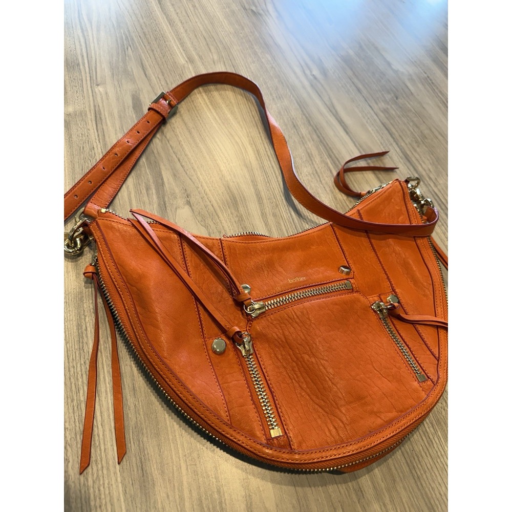 Botkier Leather Crescent Hobo Crossbody‎ Bag Orange Zip Pockets - Picture 2 of 9